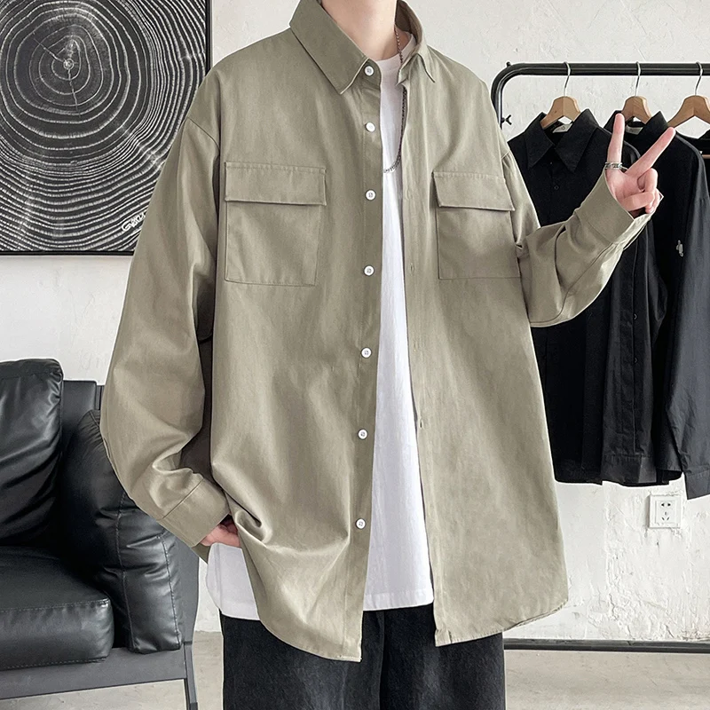 EOENKKY/Men Preppy Trendy Solid Shirt Mens Spring Autumn Streetwear Shirts Male Long Sleeve Oversize Casual Loose Outerwear