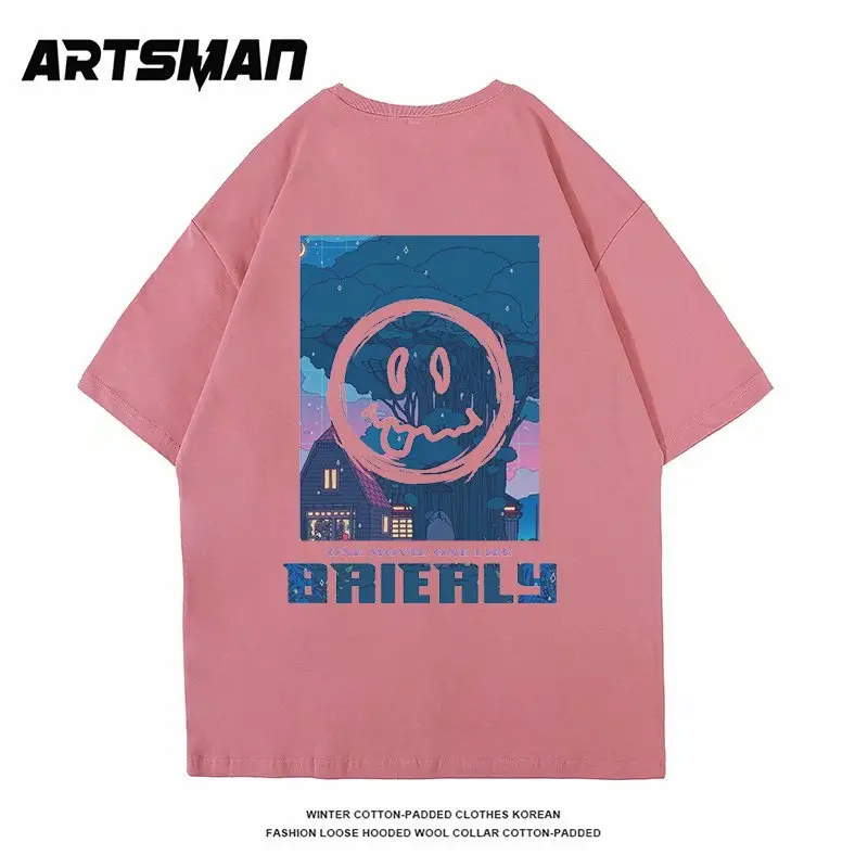 

Tide brand smiley face printed T-shirt boys loose short sleeves 2021 new summer five-and-a-half sleeve couple jacket tide