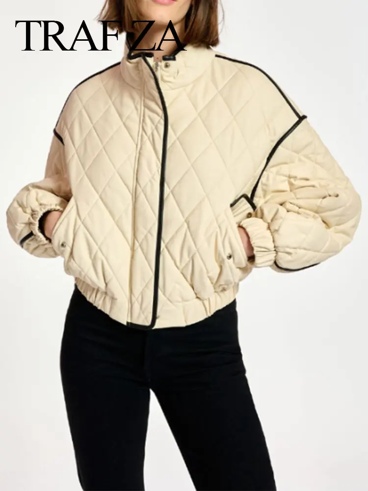 TRAF ZA Winter Women's Clothing Faux Leather Cotton Padded Jacket Zipper Loose Warm Thick Coats Fashion Female Chic Outerwear