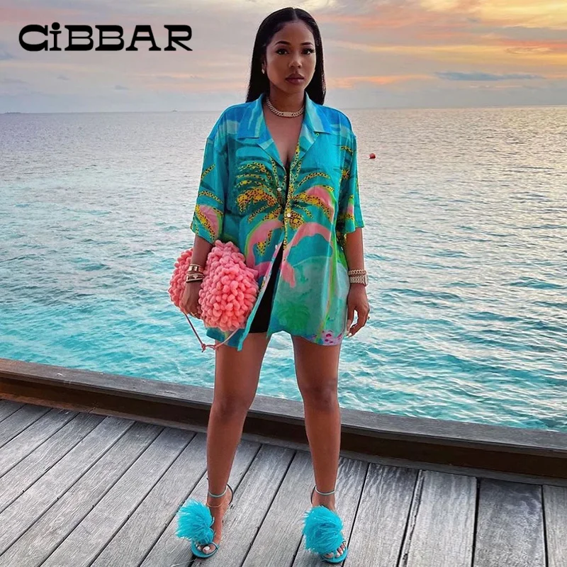 

CIBBAR Beachwear Oversized T-shirt Casual Natural Scenery Print Long Tops Buttons Summer Vacation Chic Female Clothing Fashion