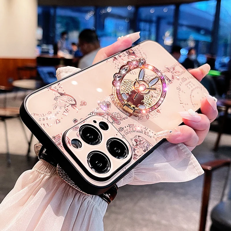 

Luxury Glitter Diamond Rabbit Clock Holder Phone Case For Samsung S21 S22 S23 Plus + Ultra ZFlip 3 ZFold 4 Bling Crystal Cover
