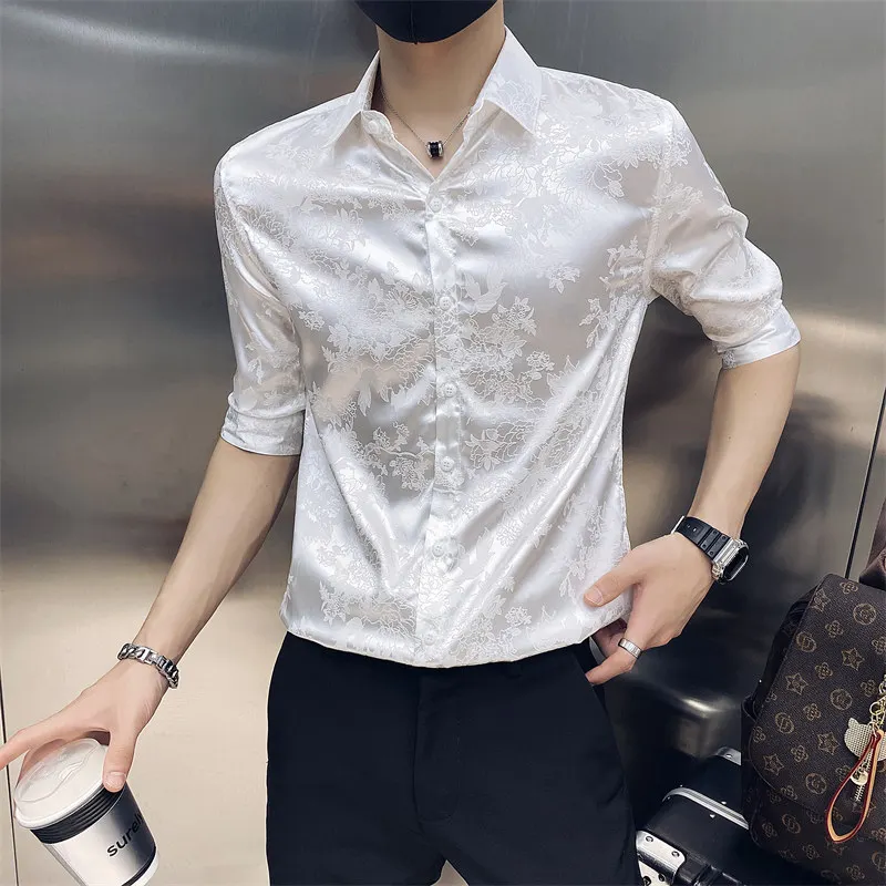 

Summer Luxury Print Half Sleeve Shirts For Men Clothing Simple All Match Slim Fit Night Club/Prom Tuxedo Casual Men Shirts