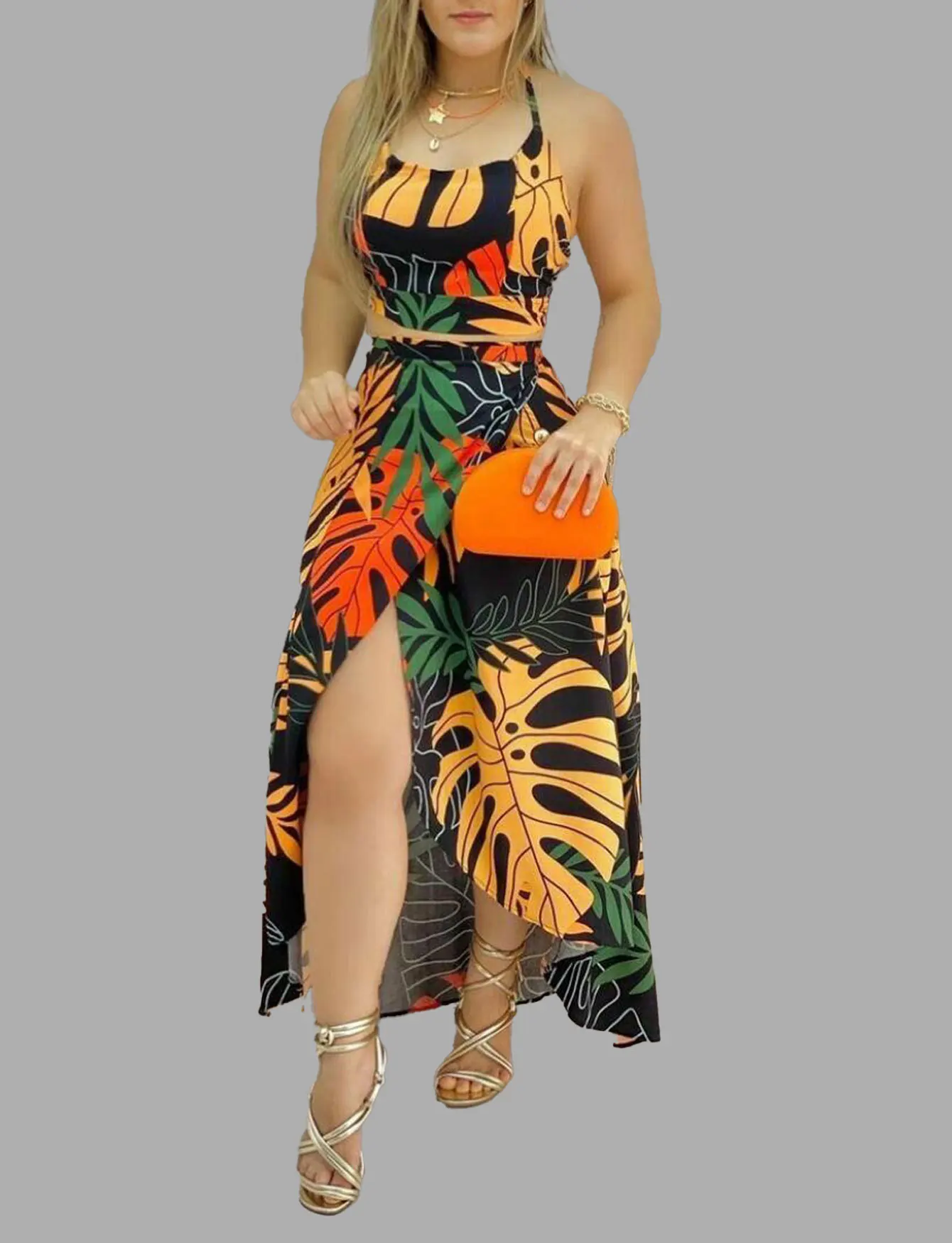 

Summer Casual 2 Piece Set Women Sexy Printed Two Piece Outfit Sleeveless Halter Top Slit Maxi Skirt Suit Women