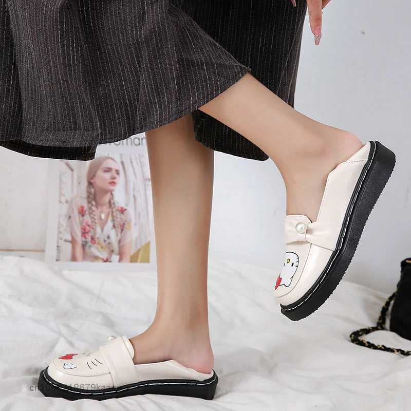 Hello Kitty Shoes JK Round Head Japanese Korean Style Flat Bottom Soft Leather Shoes Women Student Fashion Outside Lolita Shoes
