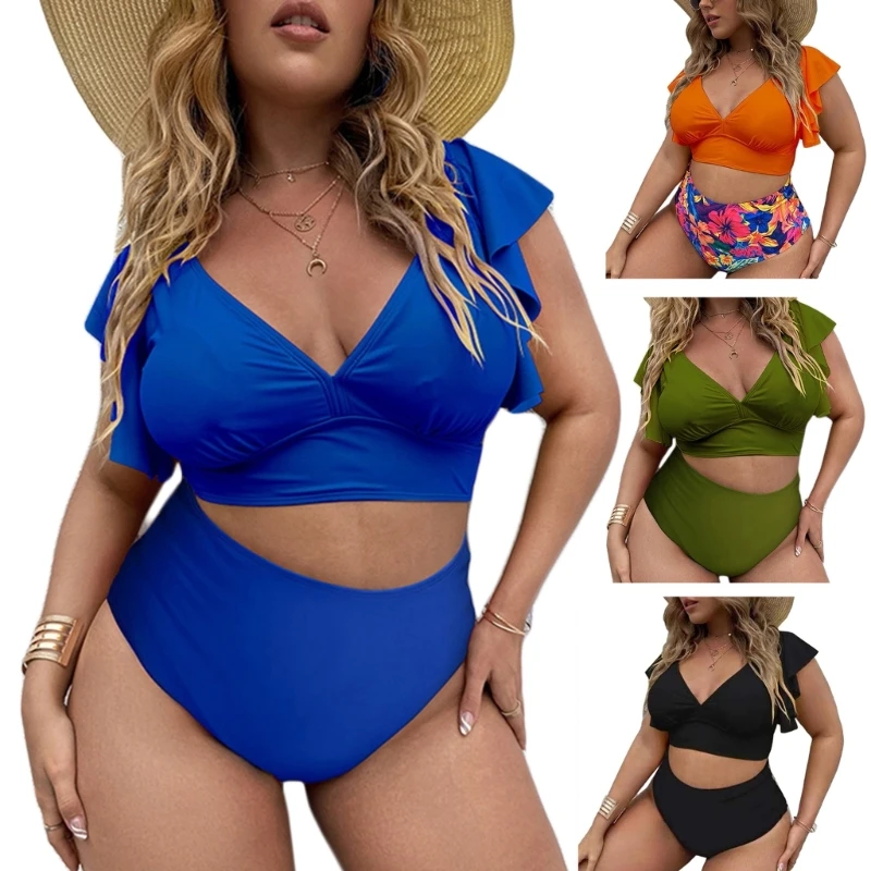 

F42F женский однотонный комплект бикини большого размера из 2 предметов с рюшами рукавами и V-образным вырезом купальный костюм
