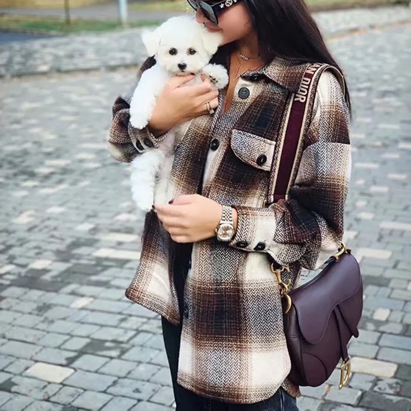 Vintage Women 2021 Long Sleeve Woolen Coats Fashion Ladies Thick Plaid Coat Female Streetwear Elegant Girls Oversize Jacket Chic