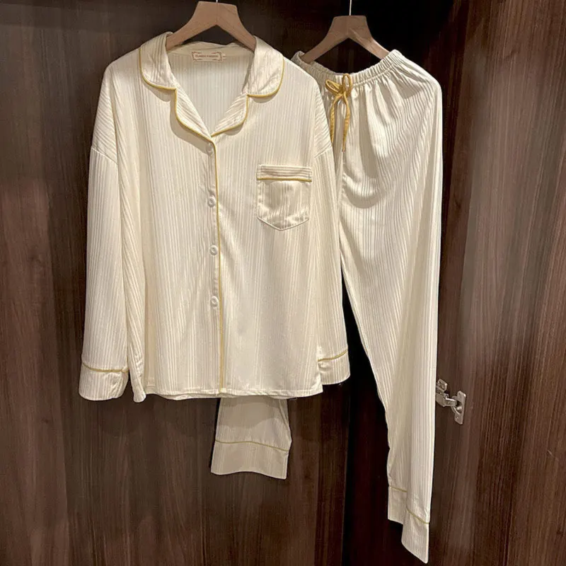 

Summer 2 Piece Couple Pajamas Set Long Sleeve Trouser Home Wear Pajamas silk Sleepwear For Women Female Home Service