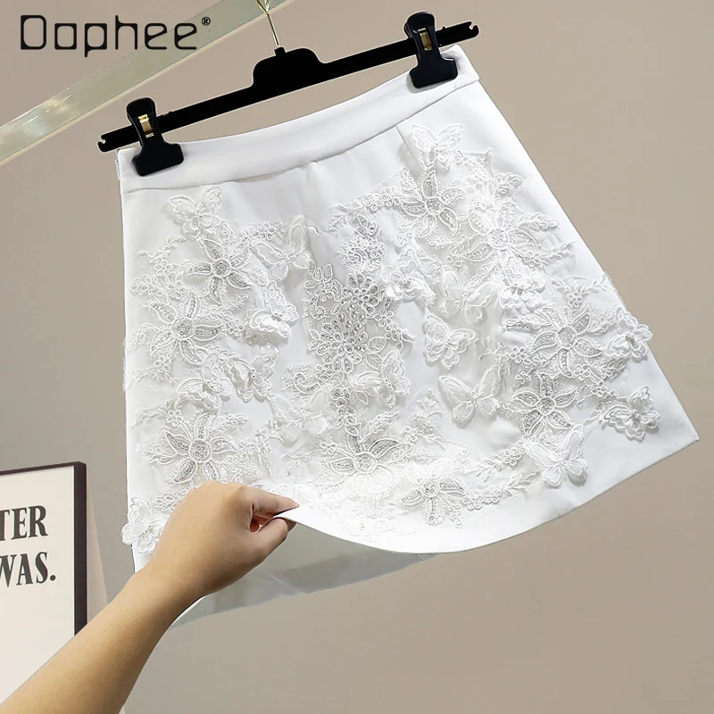 

2021 Summer New Beaded Sequins Three-Dimensional Flower Embroidery Stitching Elegant A- line Skirt