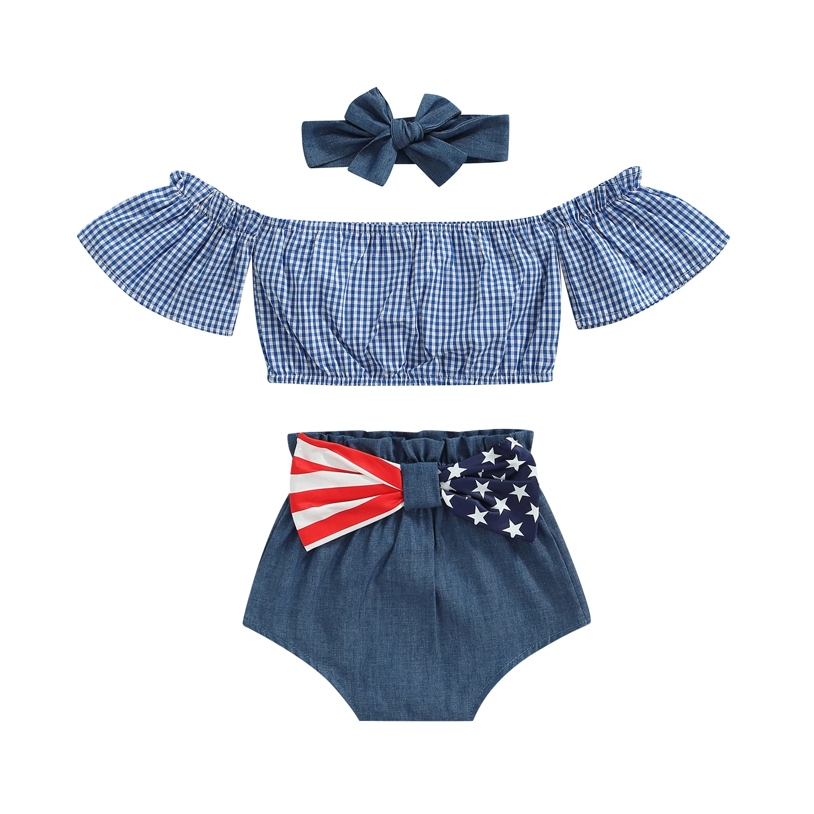 

3-Piece 4th of July Baby Girls Outfit, Plaid Off-Shoulder Crop Tops + Snaps Pantie + Hairband for Toddlers, 0-24 Months