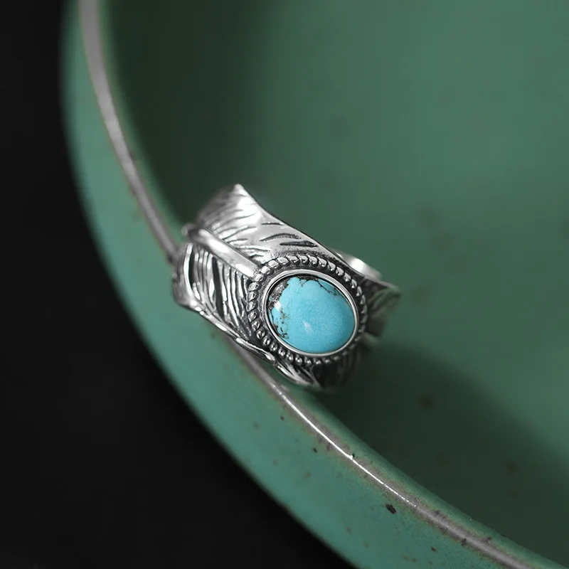 

Kinel 925 Sterling Silver Original Certified 9MM Oval Natural Turquoise Feather Ring For Women Vintage Simple Old Make Desgin