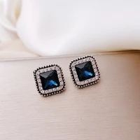 blue crystal square earrings for women full rhinestone side stud earrings charming cute korean earrings for girlsparty gift