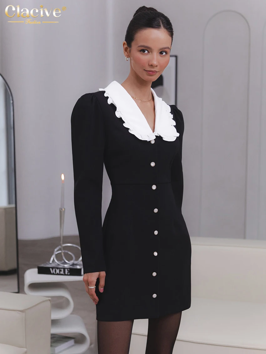 

Clacive Fashion Slim Black Women Dress Elegant Doll Collar Long Sleeve Office Lady Mini Dresses Casual High Waist Female Dresss