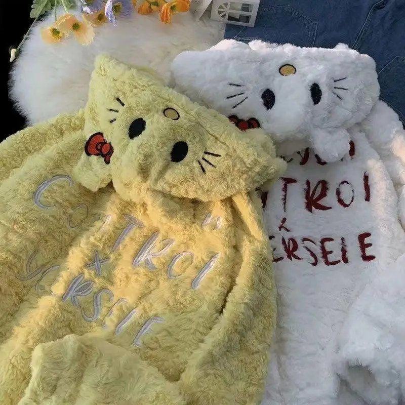 

Kawaii Sanrio Plush Hoodie Hello Kitty Cartoon Cute Leisure Style Loose Fitting Plush Thickening Outdoors Zipper Coat Girls Gift