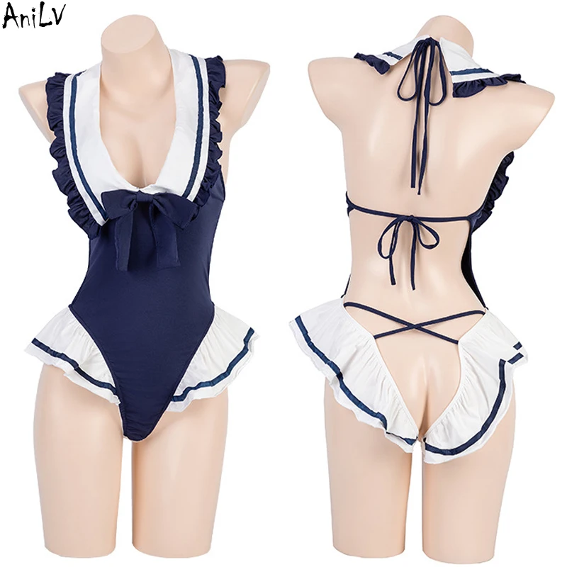 

AniLV Anime Student Girl Sailor Temperament Uniform Women Backless Deep Square Collar Bodysuit Pajamas Costumes