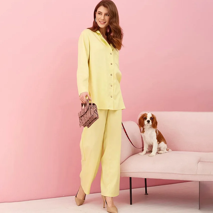 

Pajamas Long Sleeve Lapel Yellow Sleep Set Nightwear Shirt Pant 2Pcs Pyjamas Silk Home Clothes 2Pcs Sleepwear Lounge Homewear