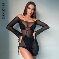 boozrey new mesh long sleeved camisole vest tight fitting briefs two piece set 2022 summer solid hollow beach skirt suit