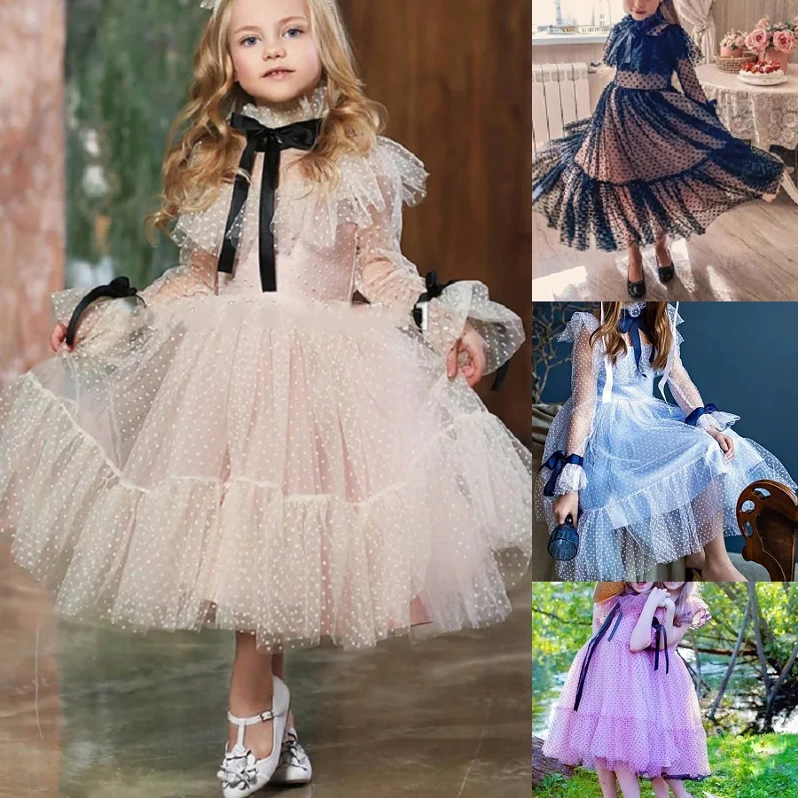 

Flower Girl Dresses Princess Long Sleeves Bow Sashes Holy Communion Gown Kids Prom Vestidos