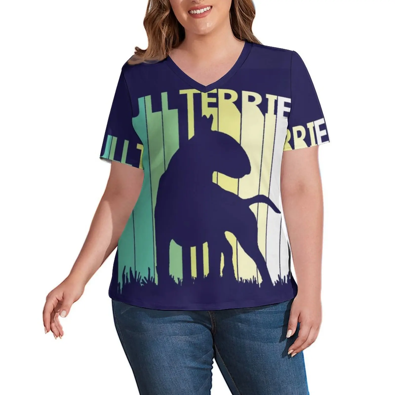 

Футболка с изображением собаки Бультерьера, Женская забавная Винтажная Футболка с принтом в уличном стиле, футболка с коротким рукавом и V-о...