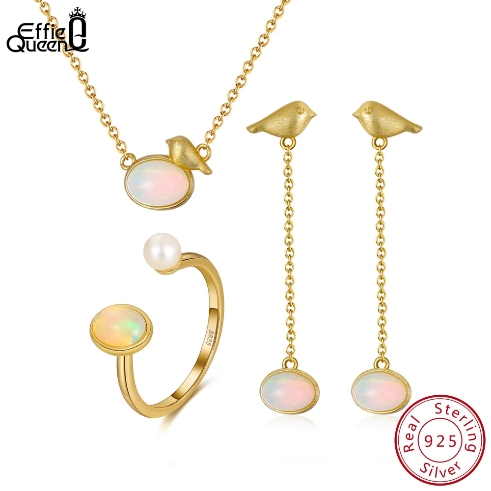 Effie Königin Authentische 925 Sterling Silber Natürliche Opal Ohrringe Halskette Ring Set 14K Gold Überzogene Frau Mädchen Schmuck Geschenk SSGM02