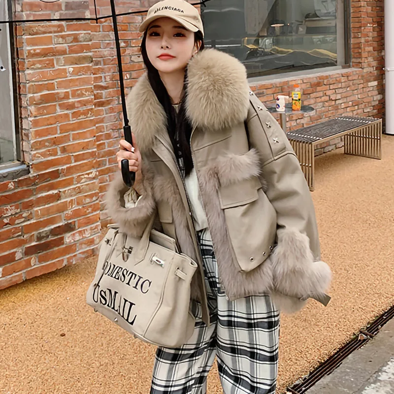 Women Leather Jackets Real Fox Fur Parka Coats Luxury Natural Fur Collar Sheepskin Overcoats 2022 Winter Warm Streetwear XM3644