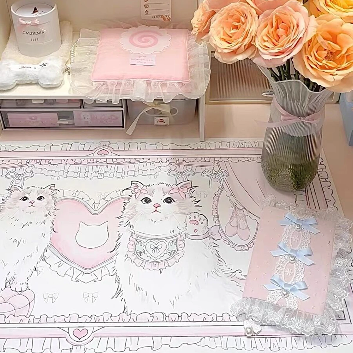 Розовый большой игровой коврик для мыши и компьютерной с милым котом