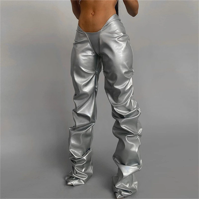 

Women Pleated PU Leather Flare Pants Asymmetrical Cut Low Waist Slim Stacked Trousers Female Fashion Casual Streetwear