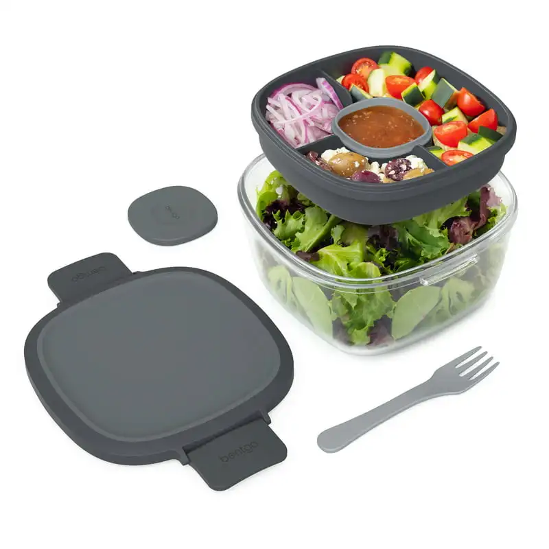 

Glass - Leak- Salad Container with Large 61-oz Salad Bowl, 4-Compartment Bento-Style Tray for Toppings, 3-oz Sauce Container for