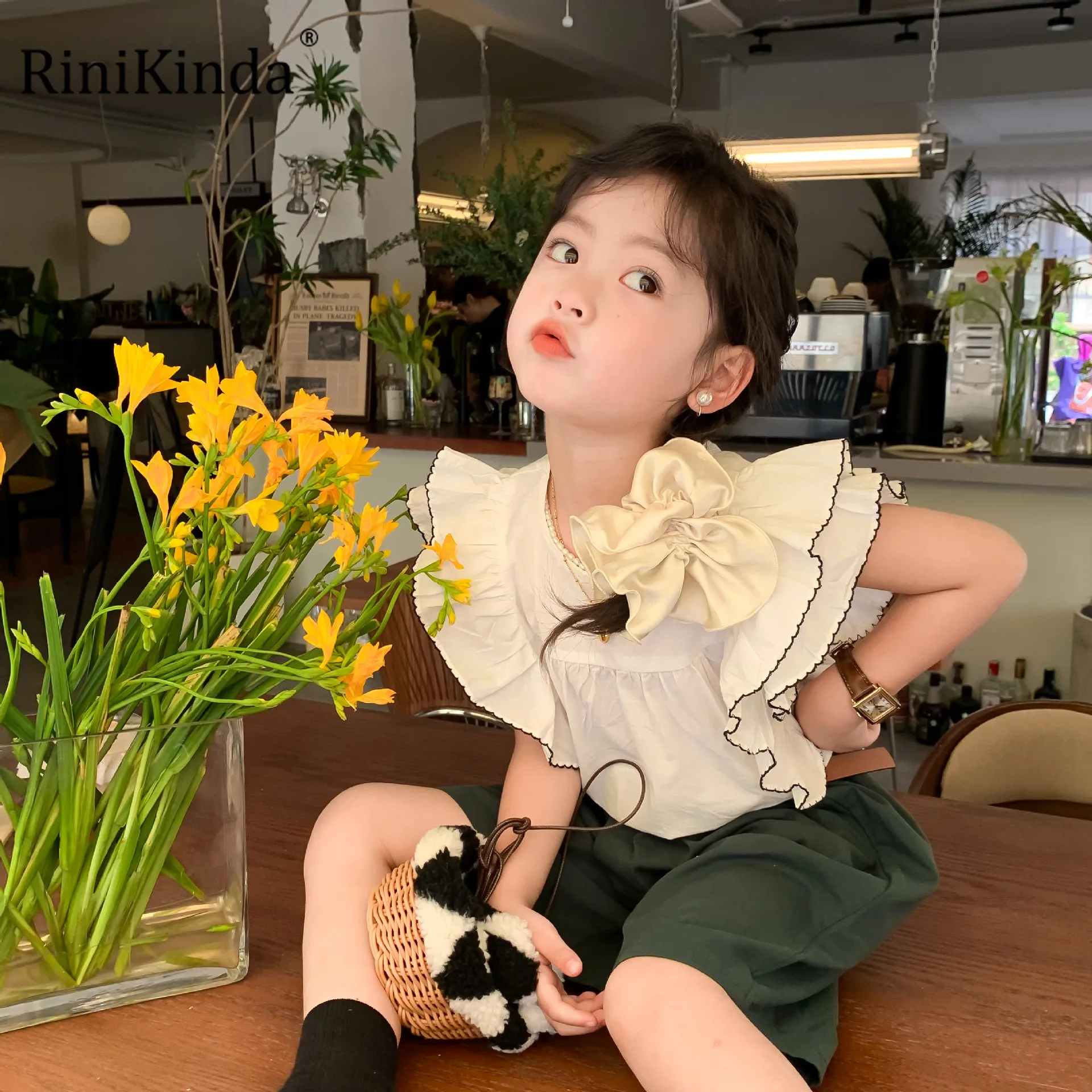 

RiniKinda 2022 Summer Girls Blouse Soft Breathable Petal Sleeve Kids Shirts For Girls Cotton Korean Clothes Children Shirts