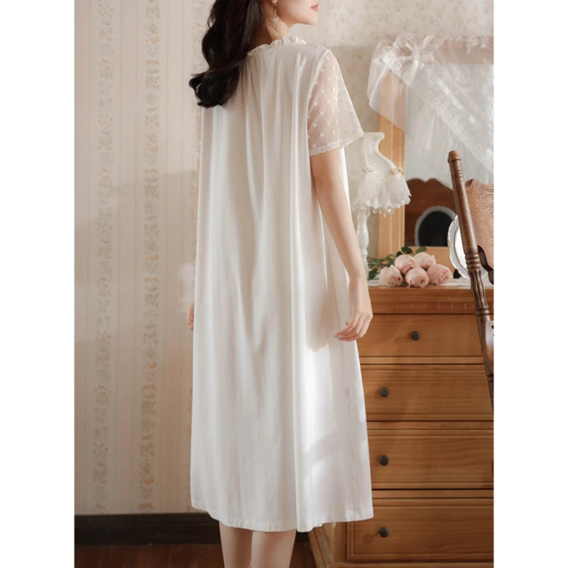 Women Cotton Night Dress Summer Sexy Lace Short Sleeve Nighty White Long Peignoir Victorian Vintage Nightgown Princess Sleepwear