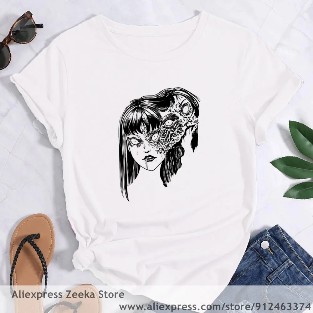 Женская футболка с забавным принтом Junji Ito Tomie Shintaro Kago базовая белая Y2K круглым