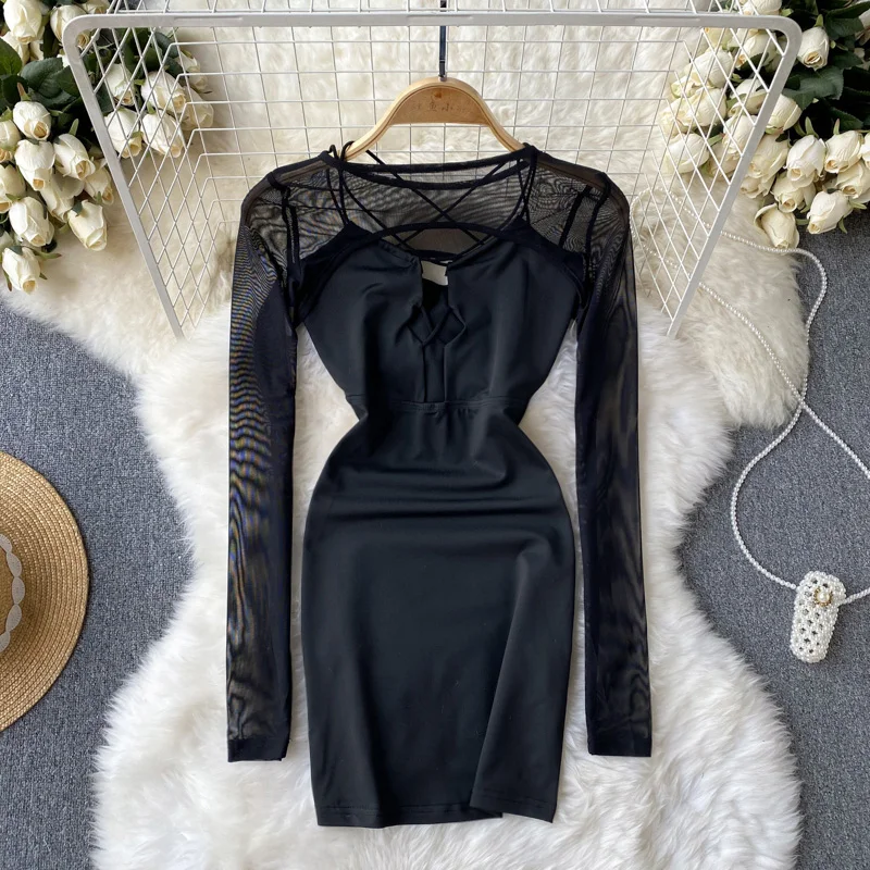 

Осеннее Новое привлекательное тонкое платье в стиле французской Хепберн с боковыми вставками и кружевом