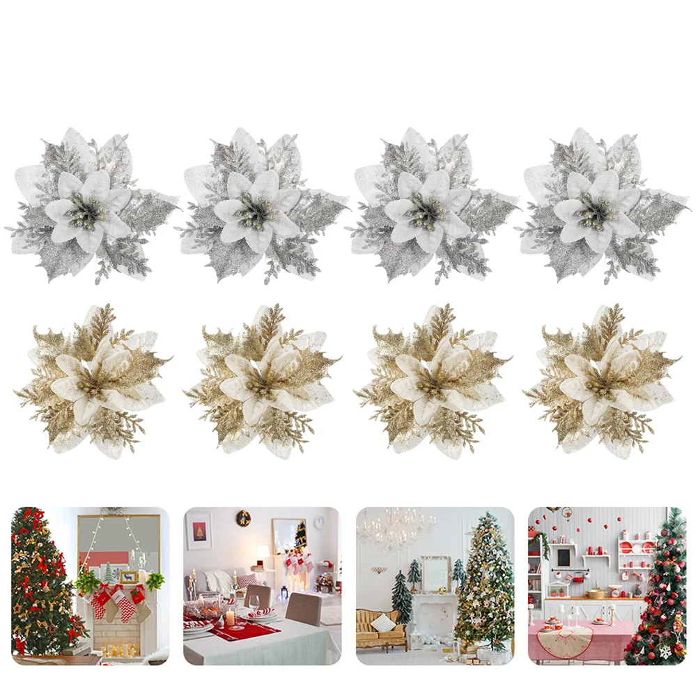 

Flowers Poinsettia Christmas Artificial Tree Glitter Decorations Flower Poinsettias Gold Red Xmasfake Decor