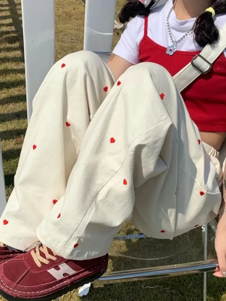 

HOUZHOU Korean Style Women Sports Pants Cute Wide Leg Pants Fashion Love Print Jokers Trousers Female Harajuku Sweatpants Beige