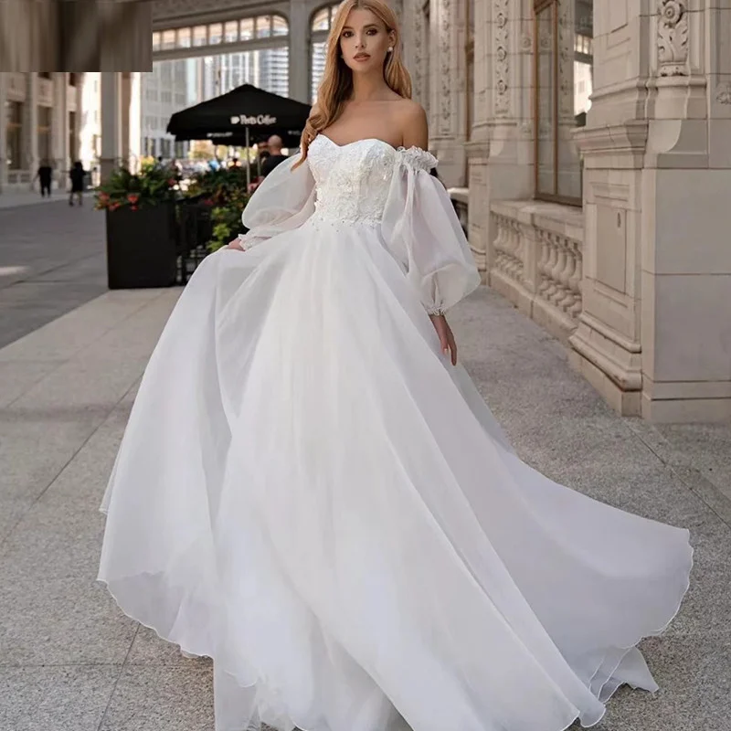

13447# Strapless Princess Puffy Sleeves Backless A-Line Organza Sexy Lace Applique Sweetheart Wedding Dress Bridal Gown