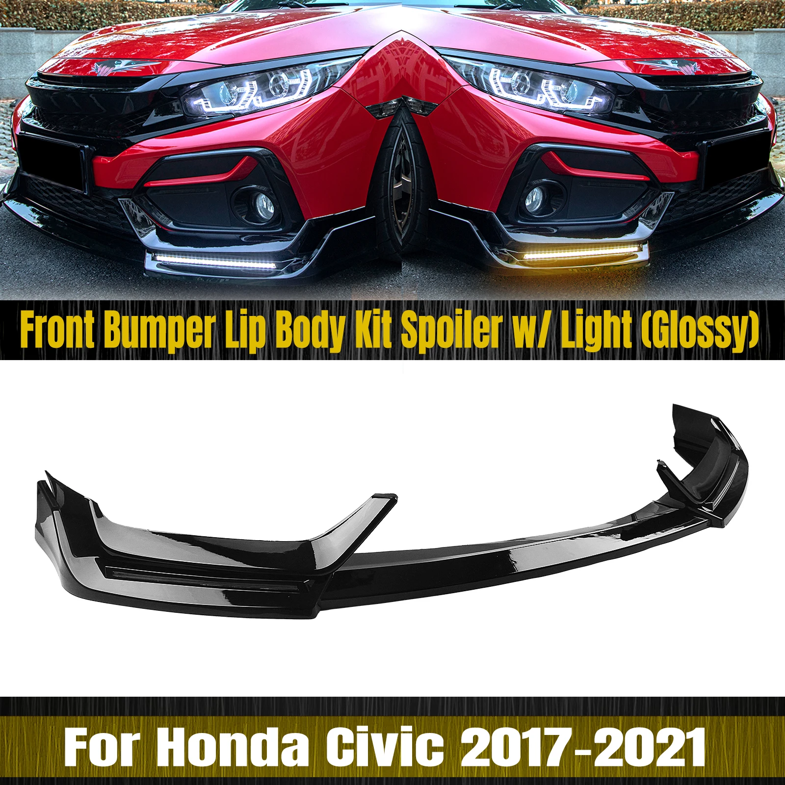 

Front Bumper Spoiler Lip For Honda Civic Si Hatchback 2017-2021 Gloss Black Car Lower Guard Plate Splitter Blade W/ Signal Light