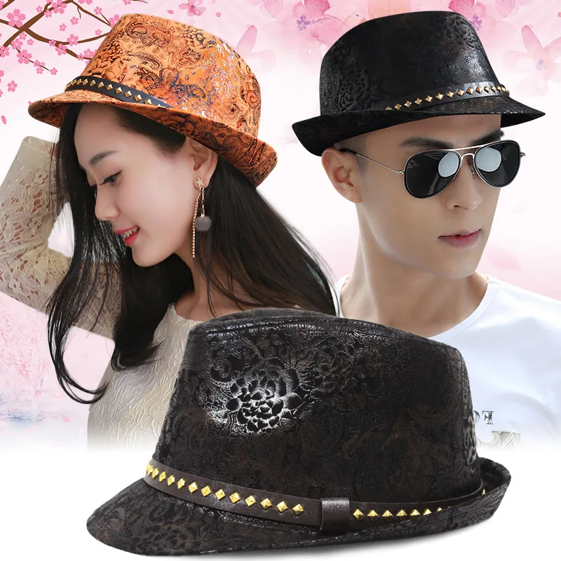 

European American Style English Style Bridged PU Belt Buckle Square Rivet Top Hat Spring Winter Phoenix Pattern Printed Jazz Hat