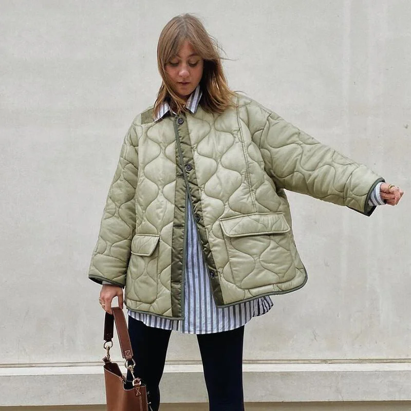 Clinkly Designer Autumn Winter Army Green PufferJackets for Women Casual Fashion Warm Breasted Cotton Quilted Coat Pockets