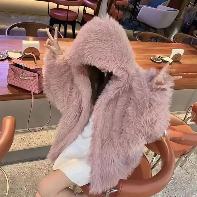

Women's Autumn Hooded Mid-length Fur Jackets Tops Teddy Coats Female Winter 2021 Korean New Artificial Warm Thickening Overcoat