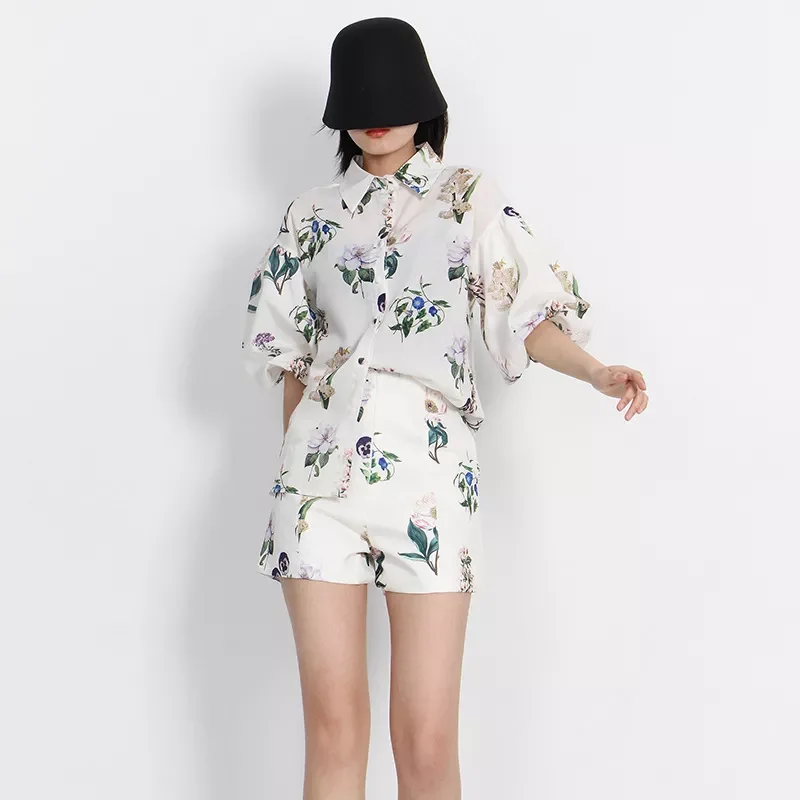 

NEW IN Summer Breathable Printed Short Pants Suit Women's Summer Chiffon Printed Lapel Shirt High Waist Straight Shorts Off