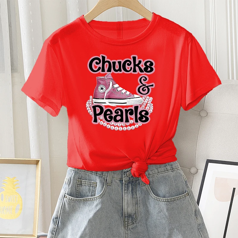 Summer Women T-shirts Graphic Fashion Female Regular Short Sleeve Sneaker Pearl Letter Print Ladies 100% Cotton O-Neck Tees Tops |
