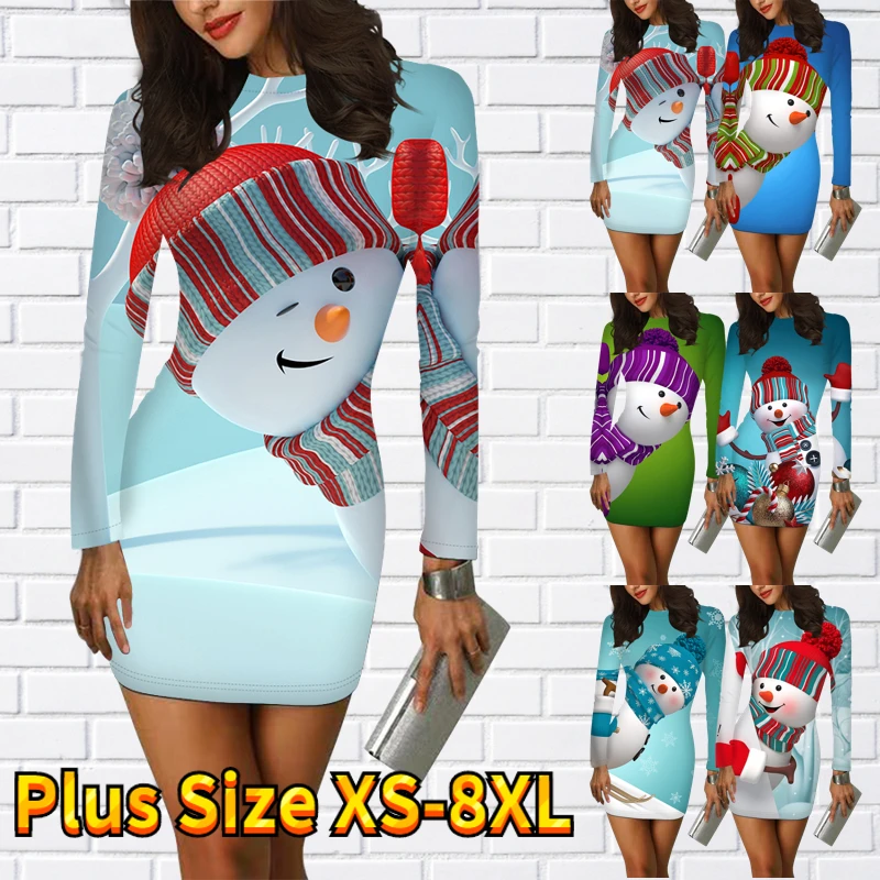 

2022 New Female Print Dress Elegant Long Sleeve Skirt Round Collar Slim Skirt Autumn Winter Women Casual Christmas Short Skirt