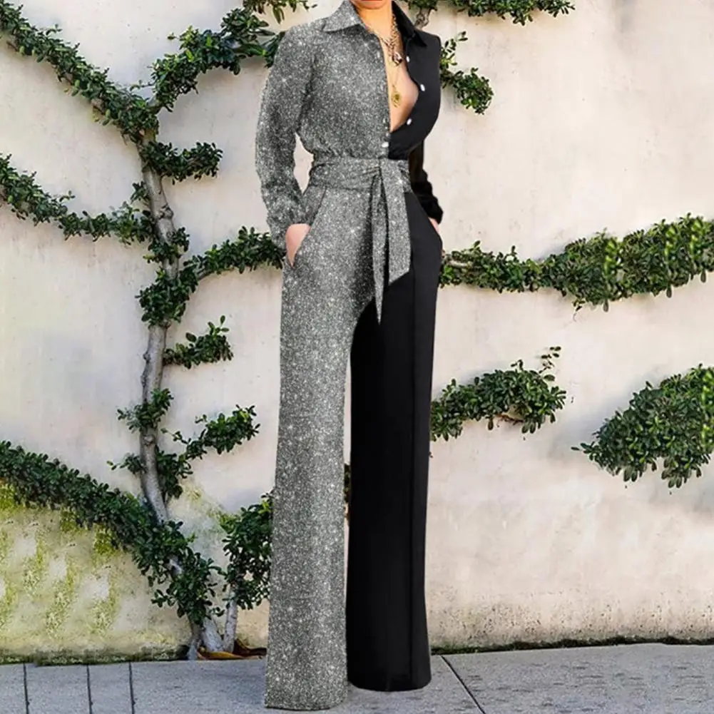 

Popular Waist Lace-up Shining Patchwork Office Jumpsuit Casual Jumpsuit Straight Elegant