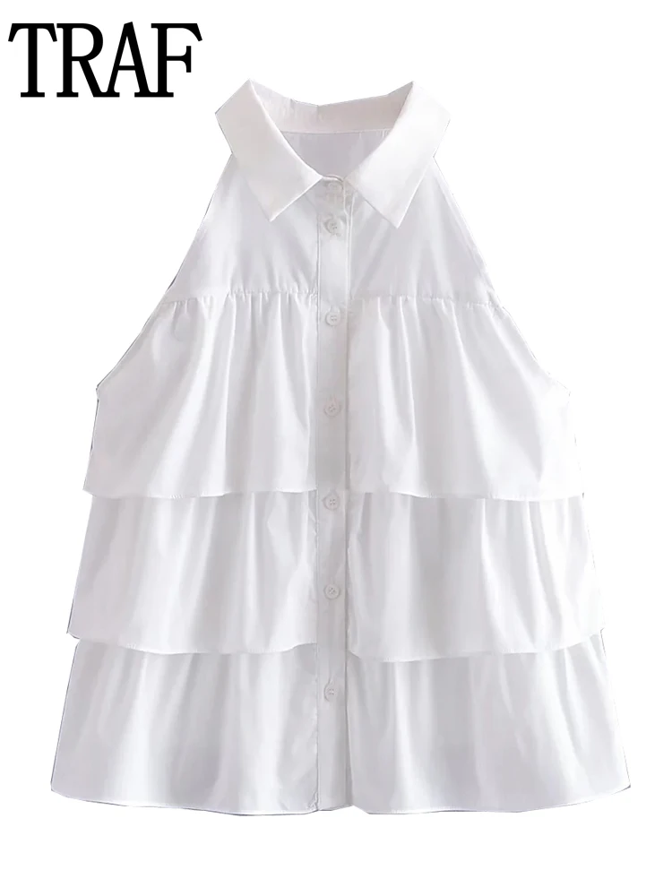 

Блузка женская 2022, летняя, белая, с оборками, на пуговицах