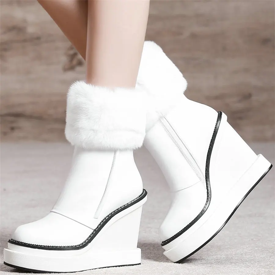 Warm Rabbit Fur Pumps Women Genuine Leather Wedges High Heel Snow Boots Female High Top Round Toe Fashion Sneakers Casual Shoes