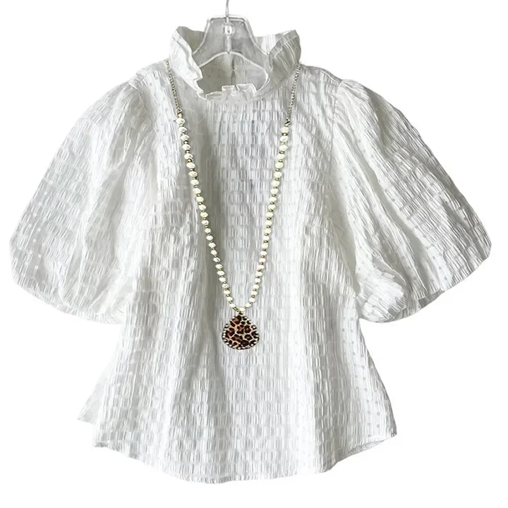 

Милая прозрачная блузка в клетку с пышными рукавами, летняя Цветочная Блузка для девочек, Женская Повседневная рубашка с круглым вырезом, элегантные хлопковые топы с коротким рукавом