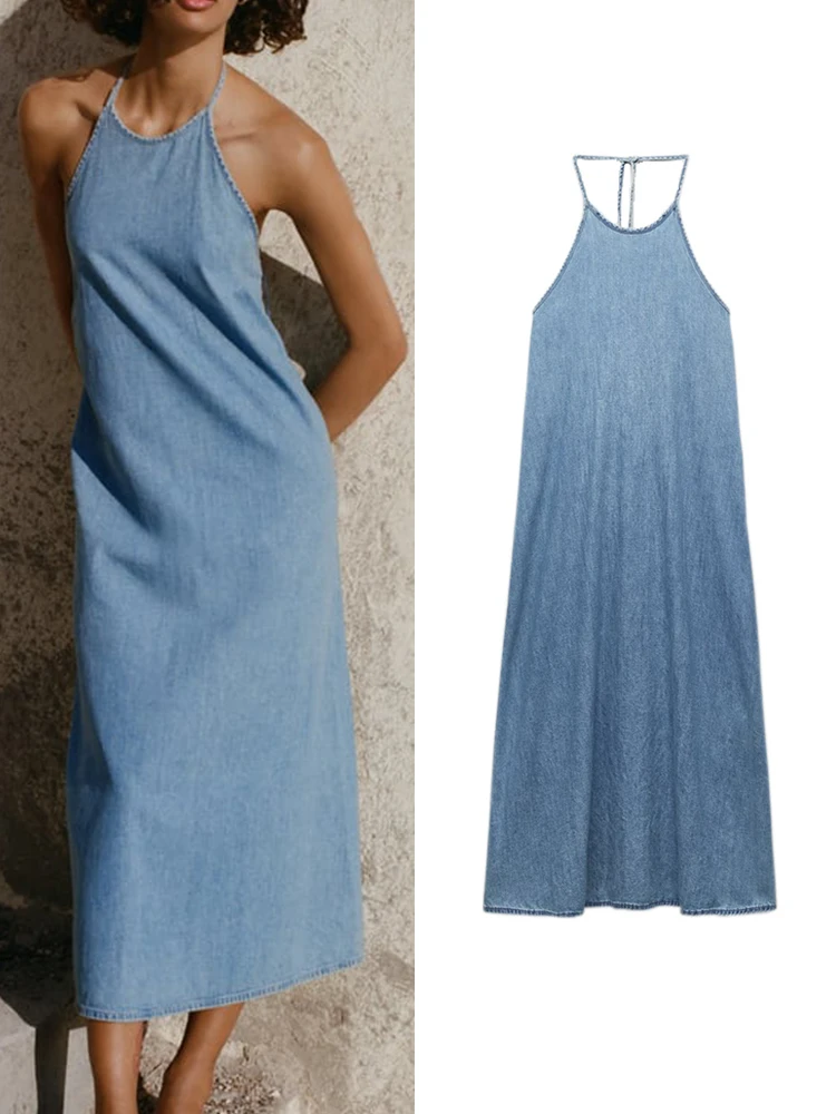 

M GIRLS Women Fashion Halter Denim Dresses Spring Summer Elegant Sleeveless A-LINE Vestidos Casual Street Outwear