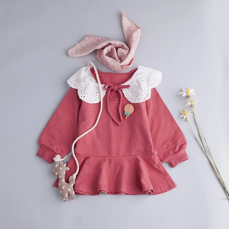 

Весна-осень, новинка, детское однотонное платье принцессы с длинным рукавом, милые детские топы