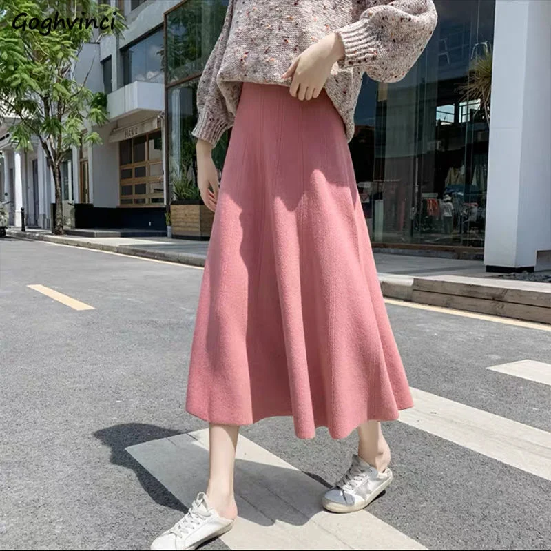 

Skirts Women юбка женская All-match Simple Basic High Waist Elegant Colorful Retro Korean Style Stretchy Autumn Cozy Hot Sale