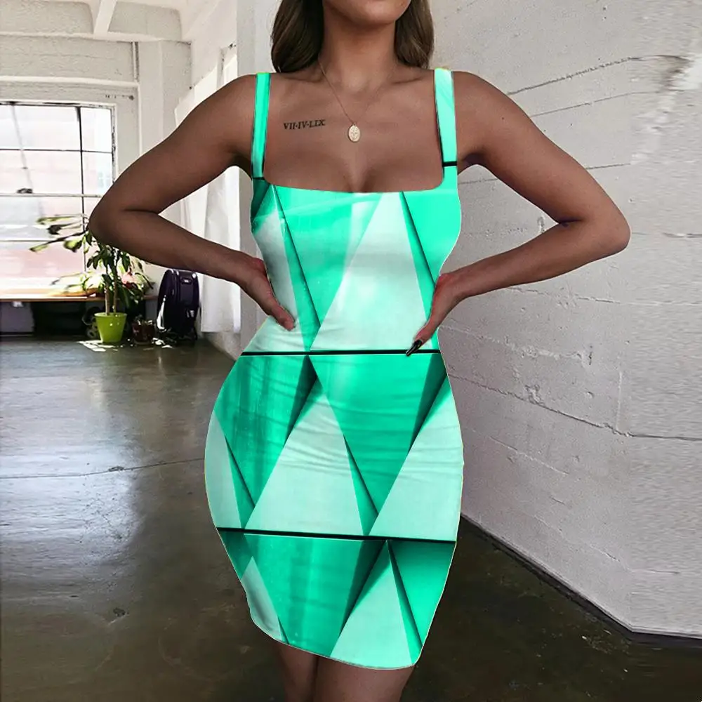 

KYKU Brand Three-Dimensional Dresses Women Geometric Halter Sleeveless Green Vestido Sexy Dizziness Sundress 3d Print