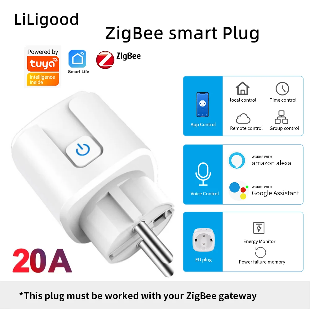 

LiLigood EU Zigbee Plug Tuya Zigbee Smart Plug 20A 220V Outlet Adapter Power Wireless Remote Control Work With Google Home Alexa